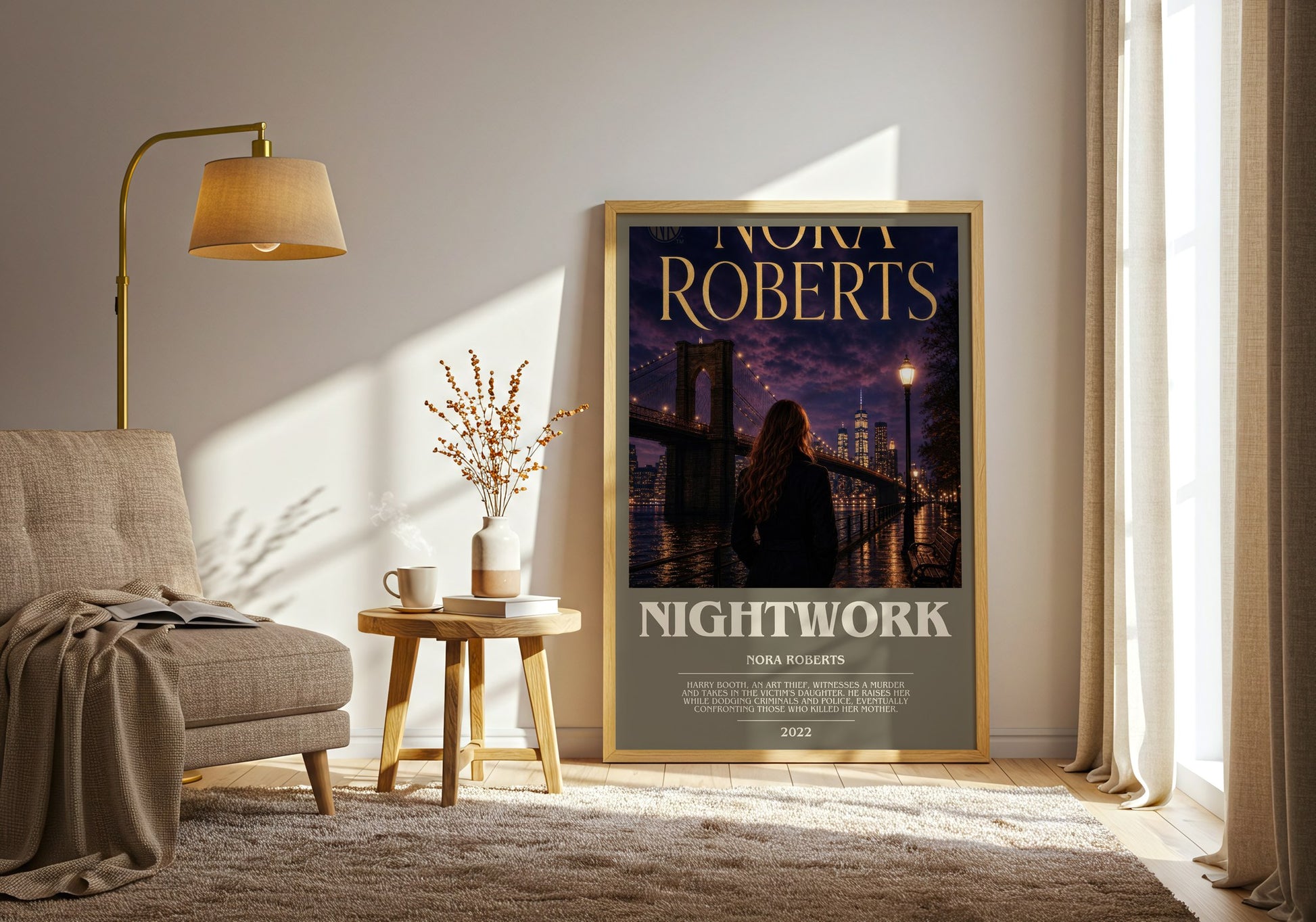 Nightwork bookish print on bookshelf – Nora Roberts fan gift