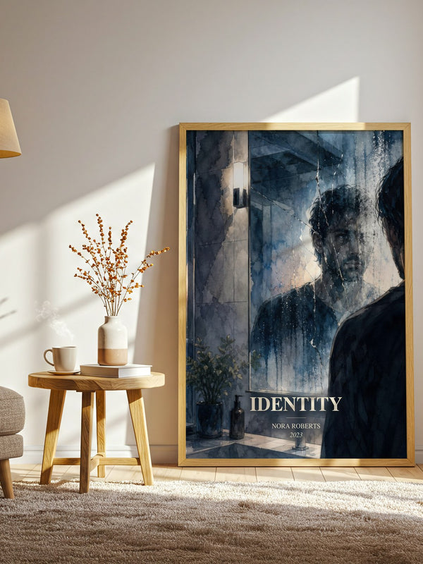 Identity watercolour print in frame leaning in hallway – thriller wall art
