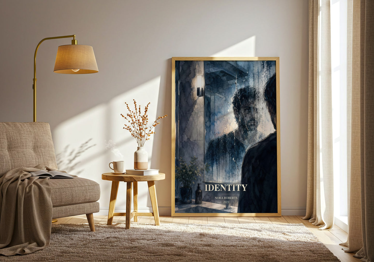 Identity watercolour print in frame leaning in hallway – thriller wall art