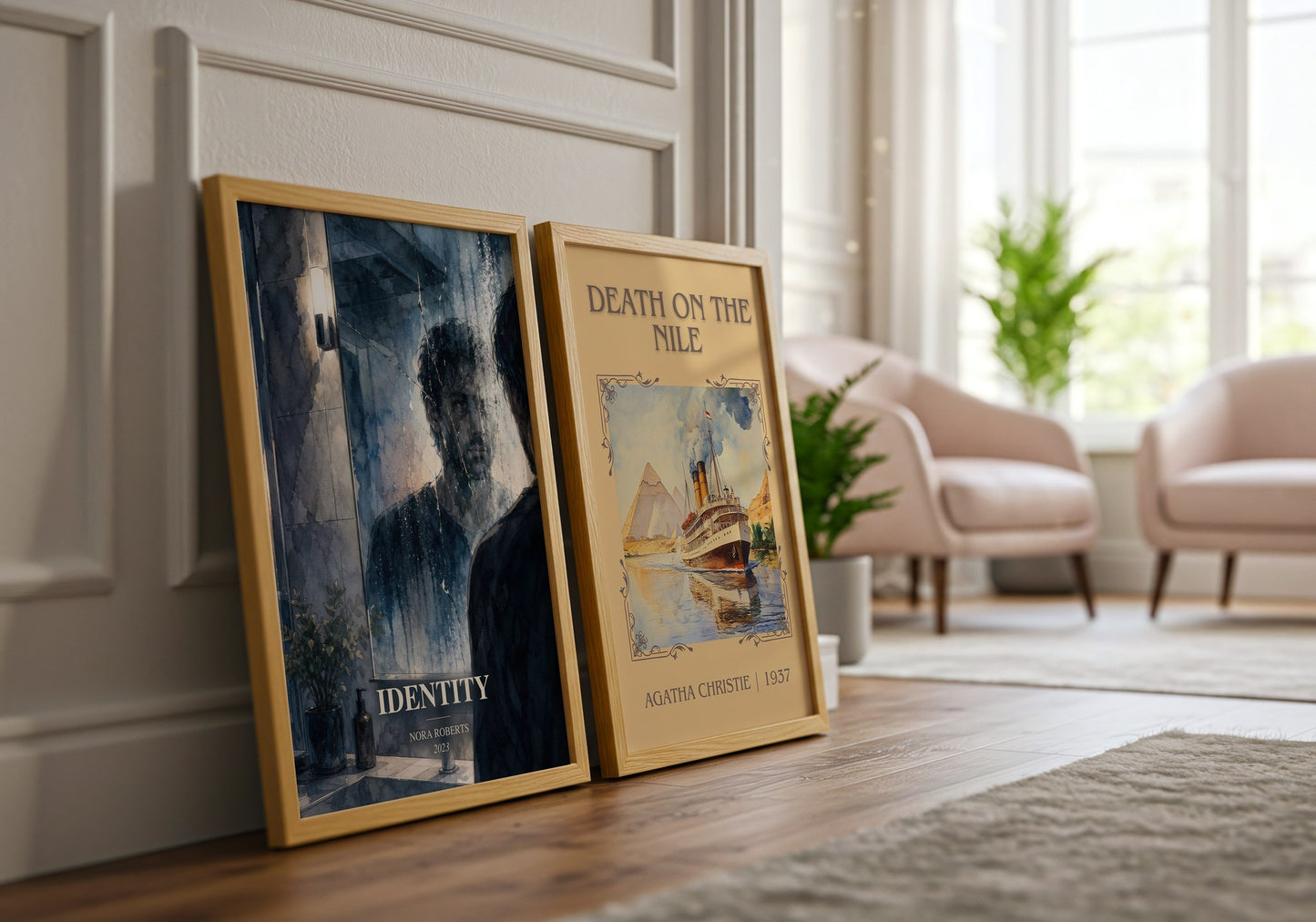 Identity watercolour print framed by window – literary home decor