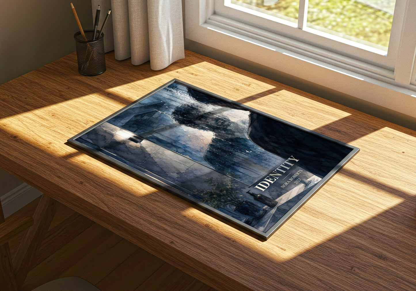Identity watercolour book poster framed on wall – thriller wall art