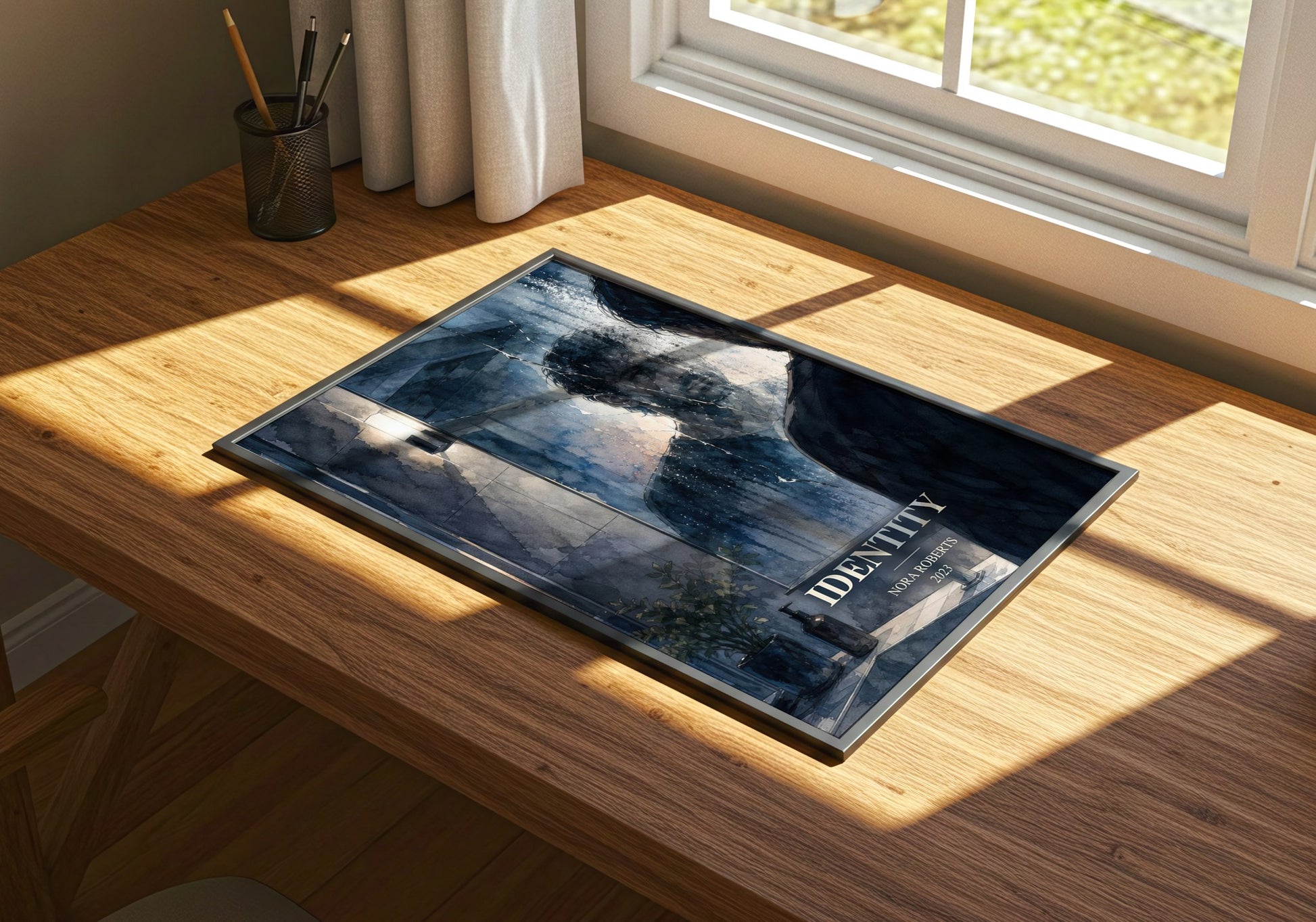Identity watercolour book poster framed on wall – thriller wall art