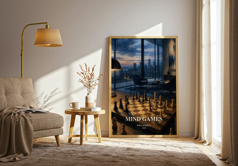 Mind Games watercolour print in frame leaning in hallway – thriller wall art