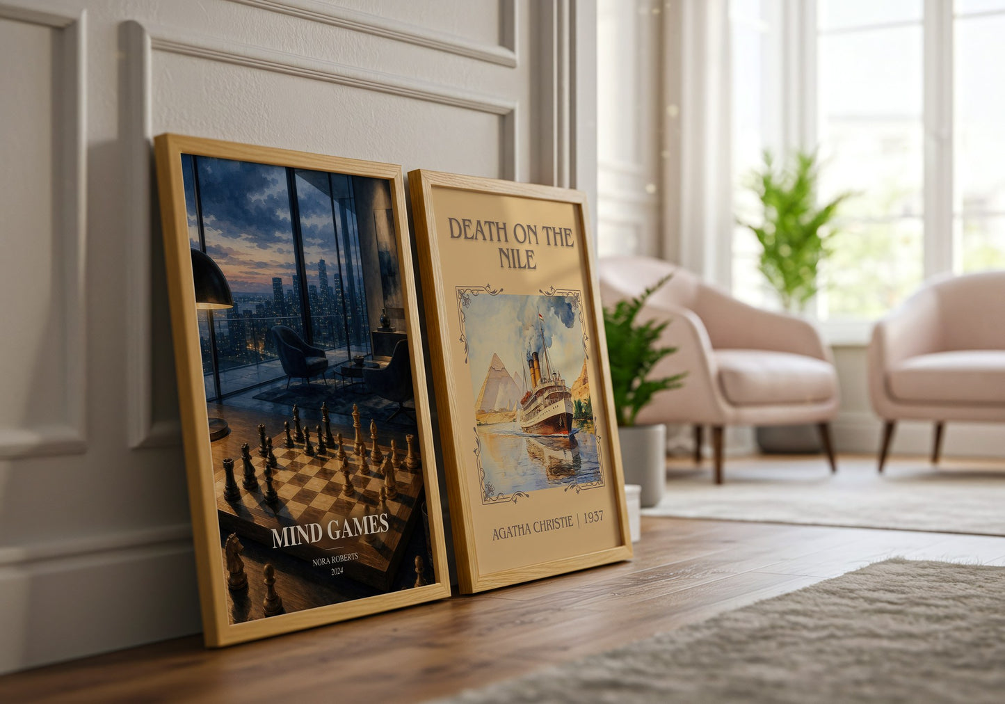 Mind Games watercolour print framed by window – literary home decor