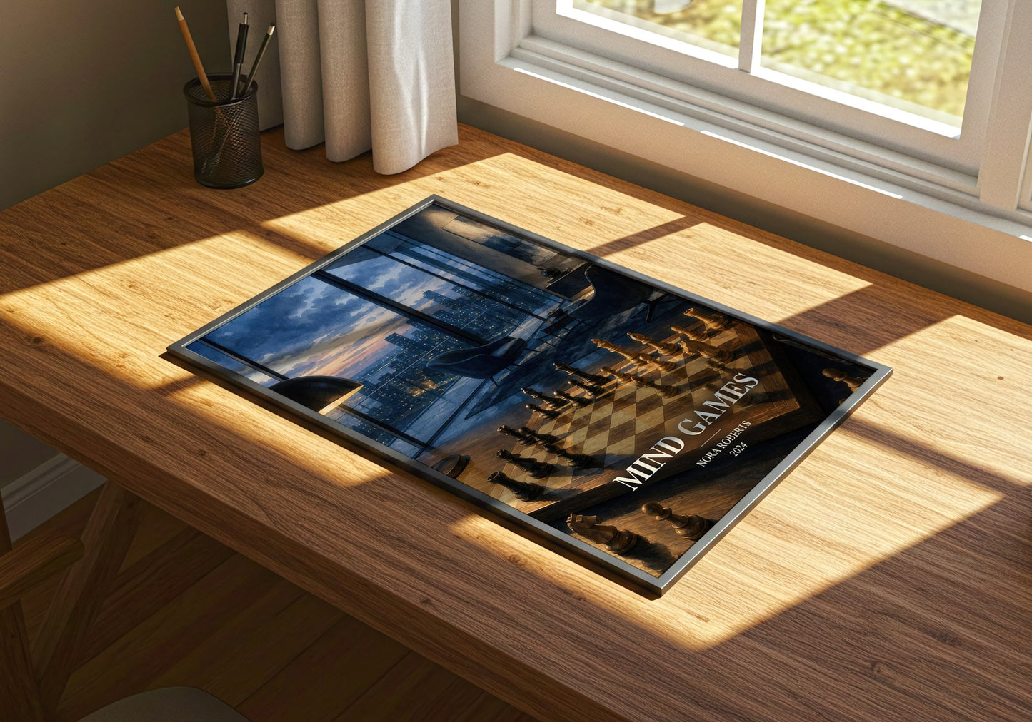 Mind Games watercolour book poster framed on wall – thriller wall art