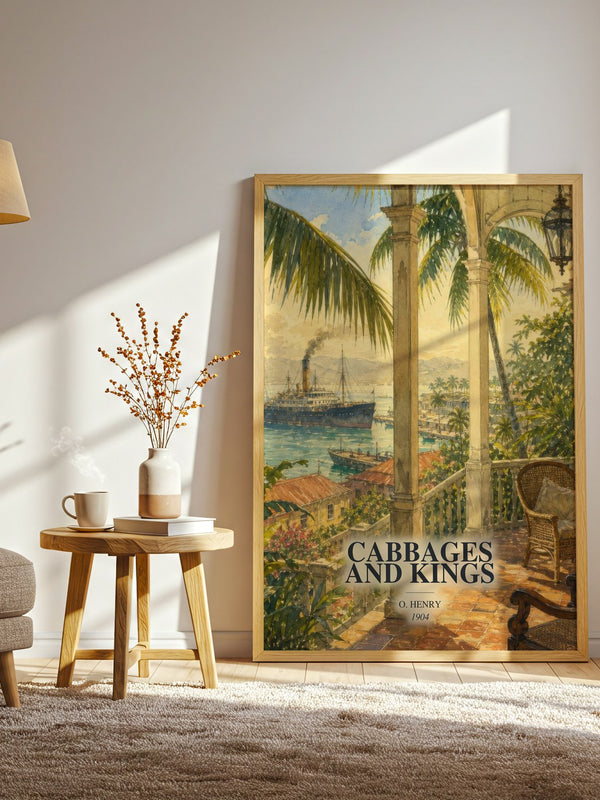 Cabbages And Kings watercolour print in frame leaning in hallway – classic literature wall art