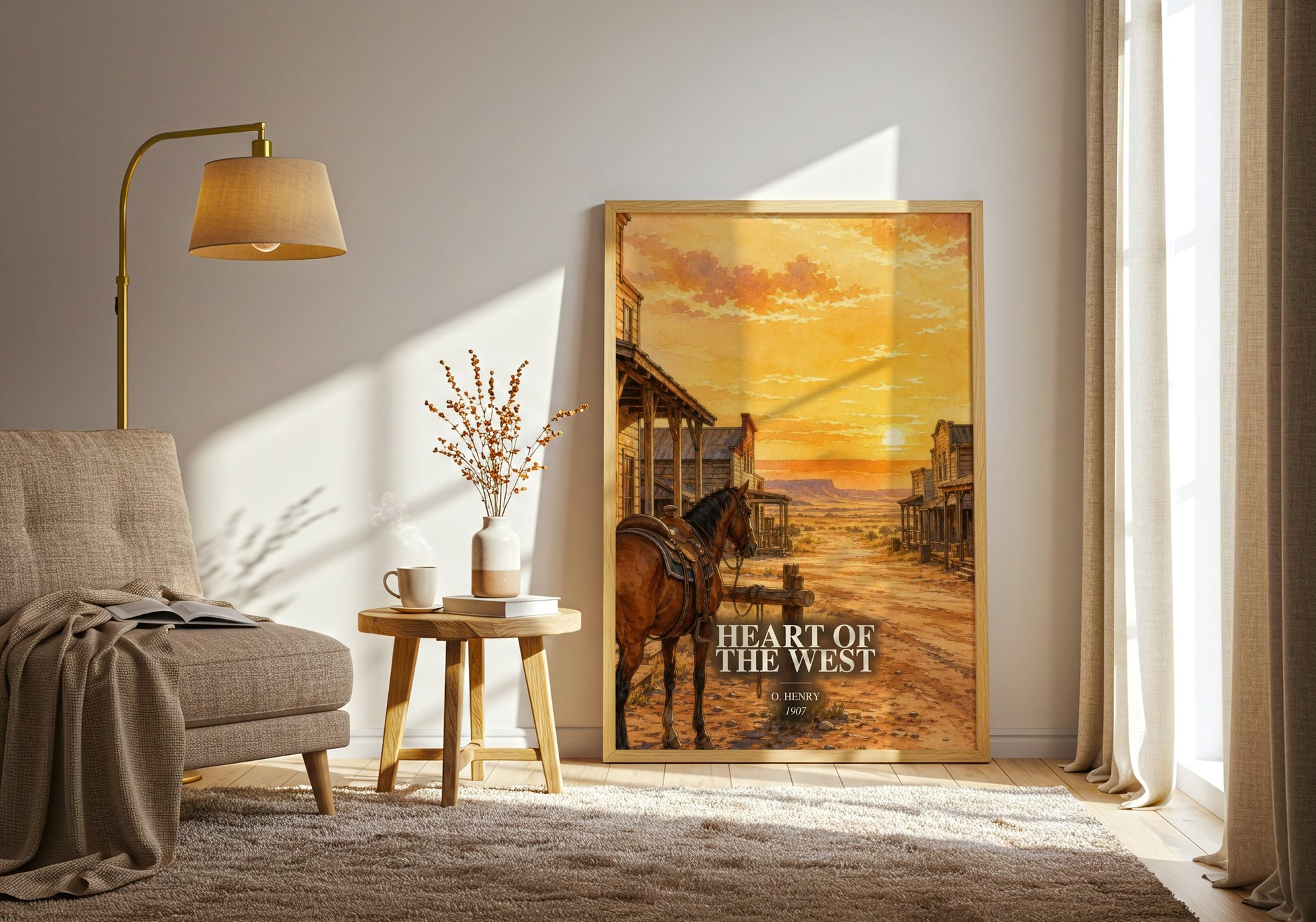 Heart Of The West watercolour print in frame leaning in hallway – classic literature wall art