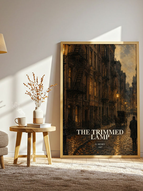 The Trimmed Lamp watercolour print in frame leaning in hallway – classic literature wall art