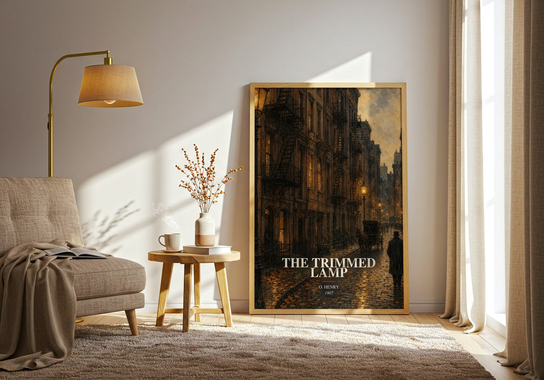 The Trimmed Lamp watercolour print in frame leaning in hallway – classic literature wall art (mockup)