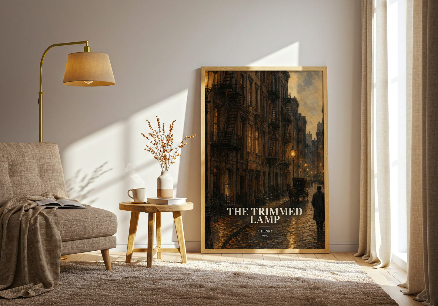 The Trimmed Lamp watercolour print in frame leaning in hallway – classic literature wall art