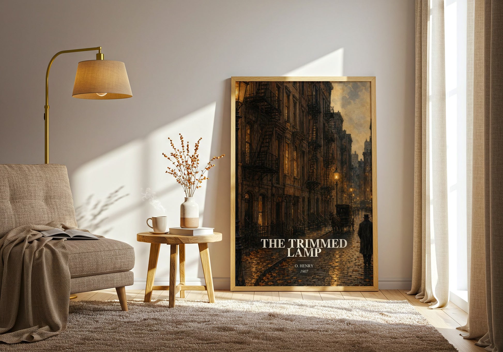 The Trimmed Lamp watercolour print in frame leaning in hallway – classic literature wall art