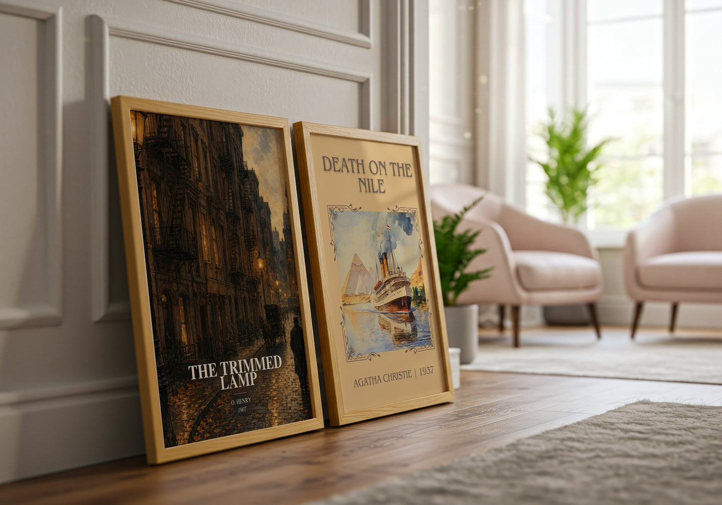 The Trimmed Lamp watercolour print framed by window – literary home decor