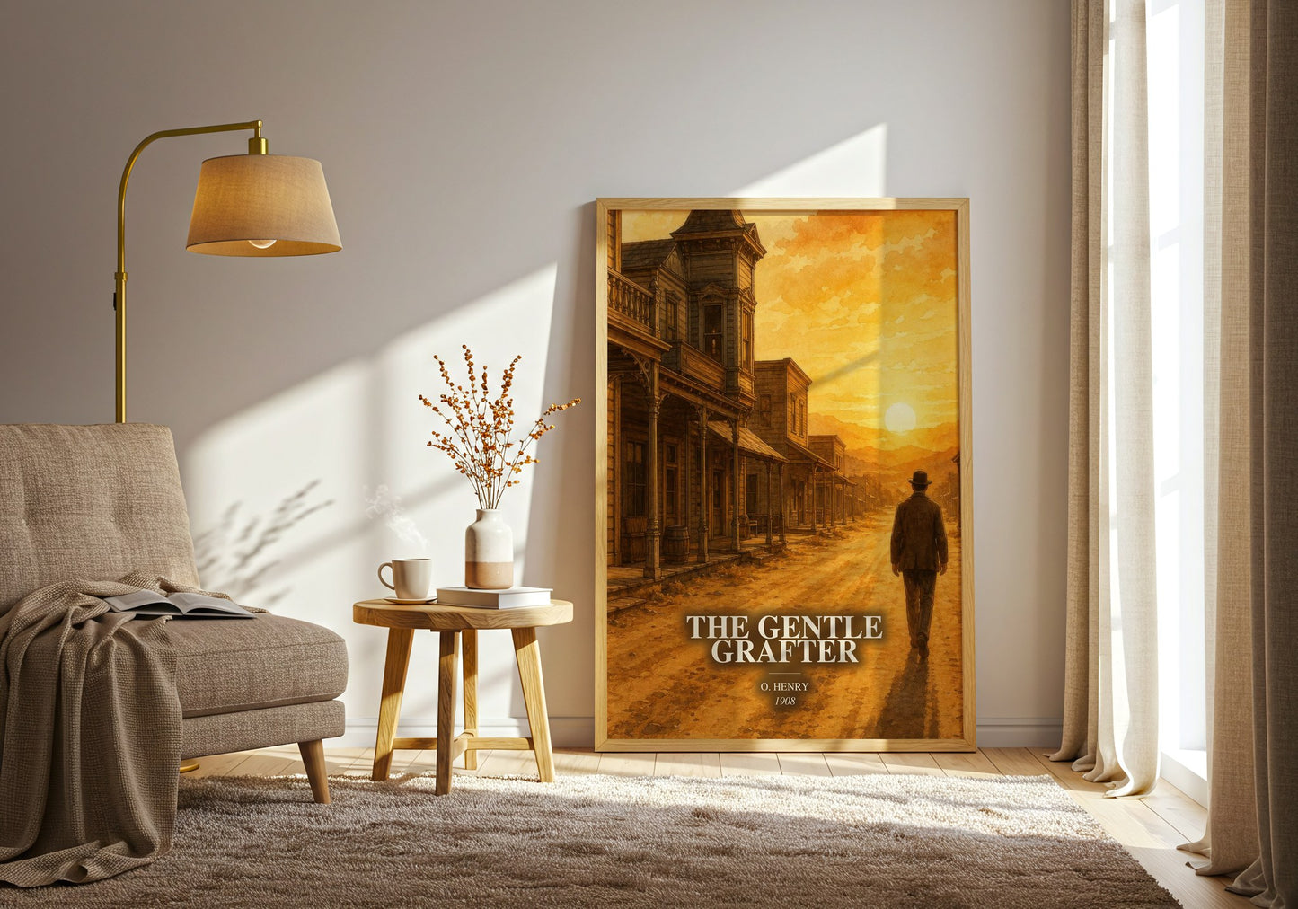 The Gentle Grafter watercolour print in frame leaning in hallway – classic literature wall art
