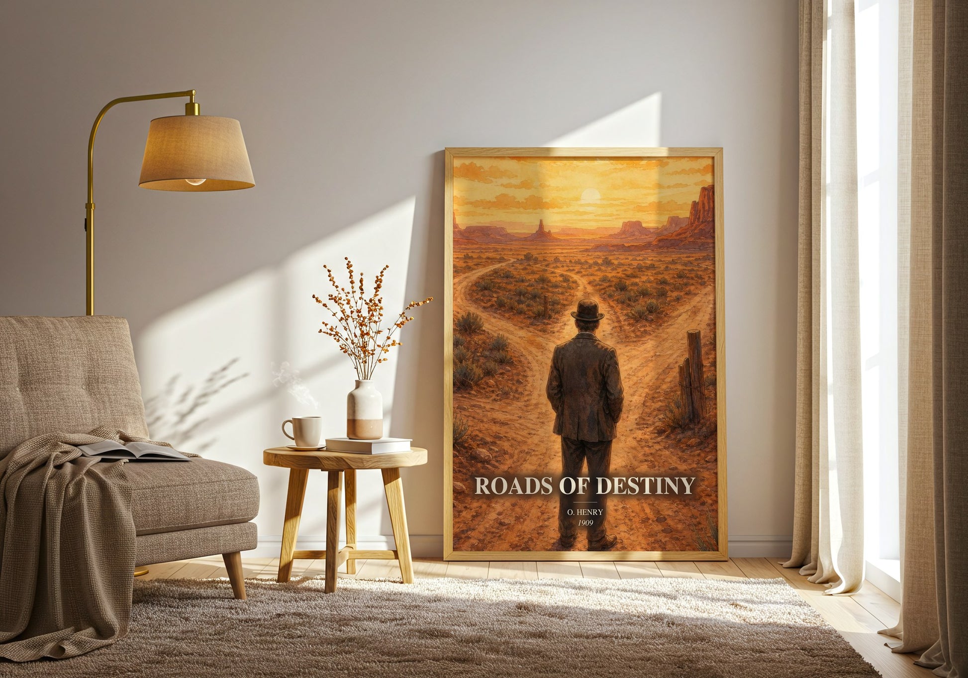 Roads Of Destiny watercolour print in frame leaning in hallway – classic literature wall art