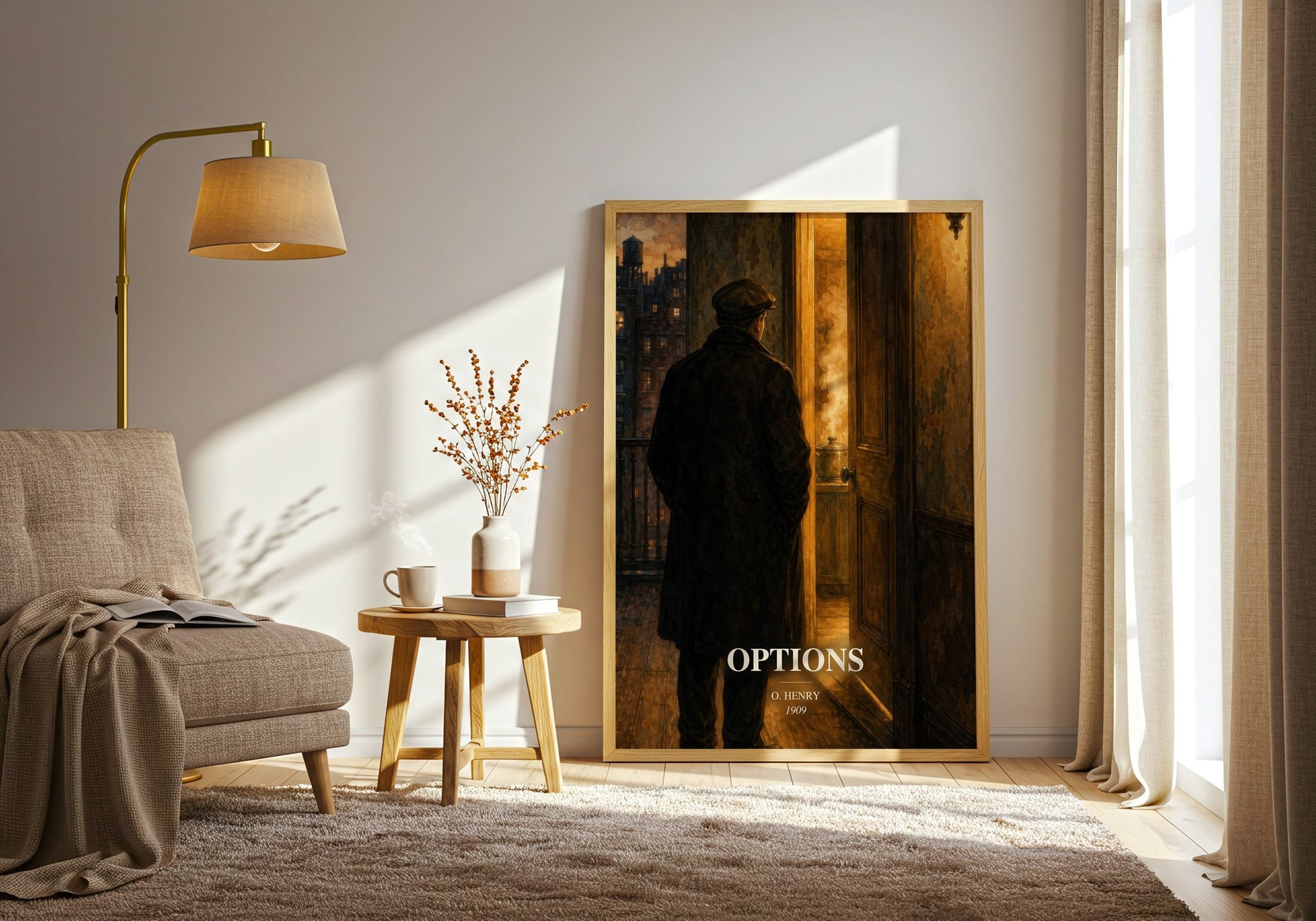 Options watercolour print in frame leaning in hallway – classic literature wall art