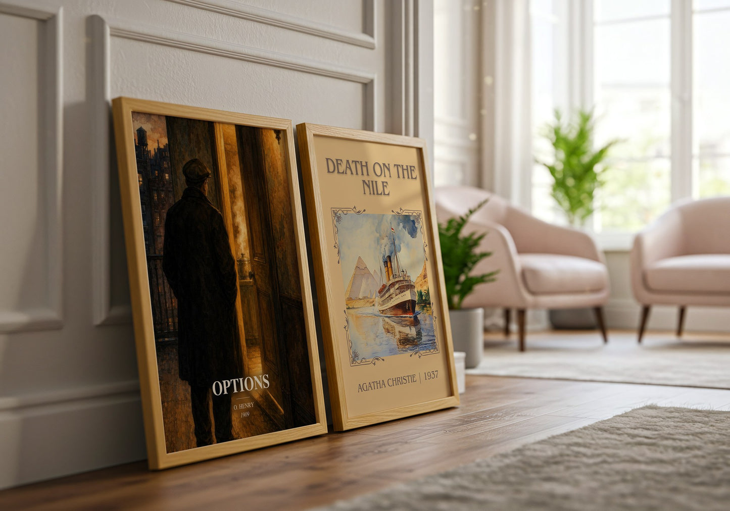Options watercolour print framed by window – literary home decor
