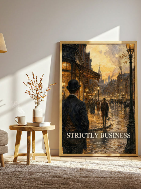 Strictly Business watercolour print in frame leaning in hallway – classic literature wall art