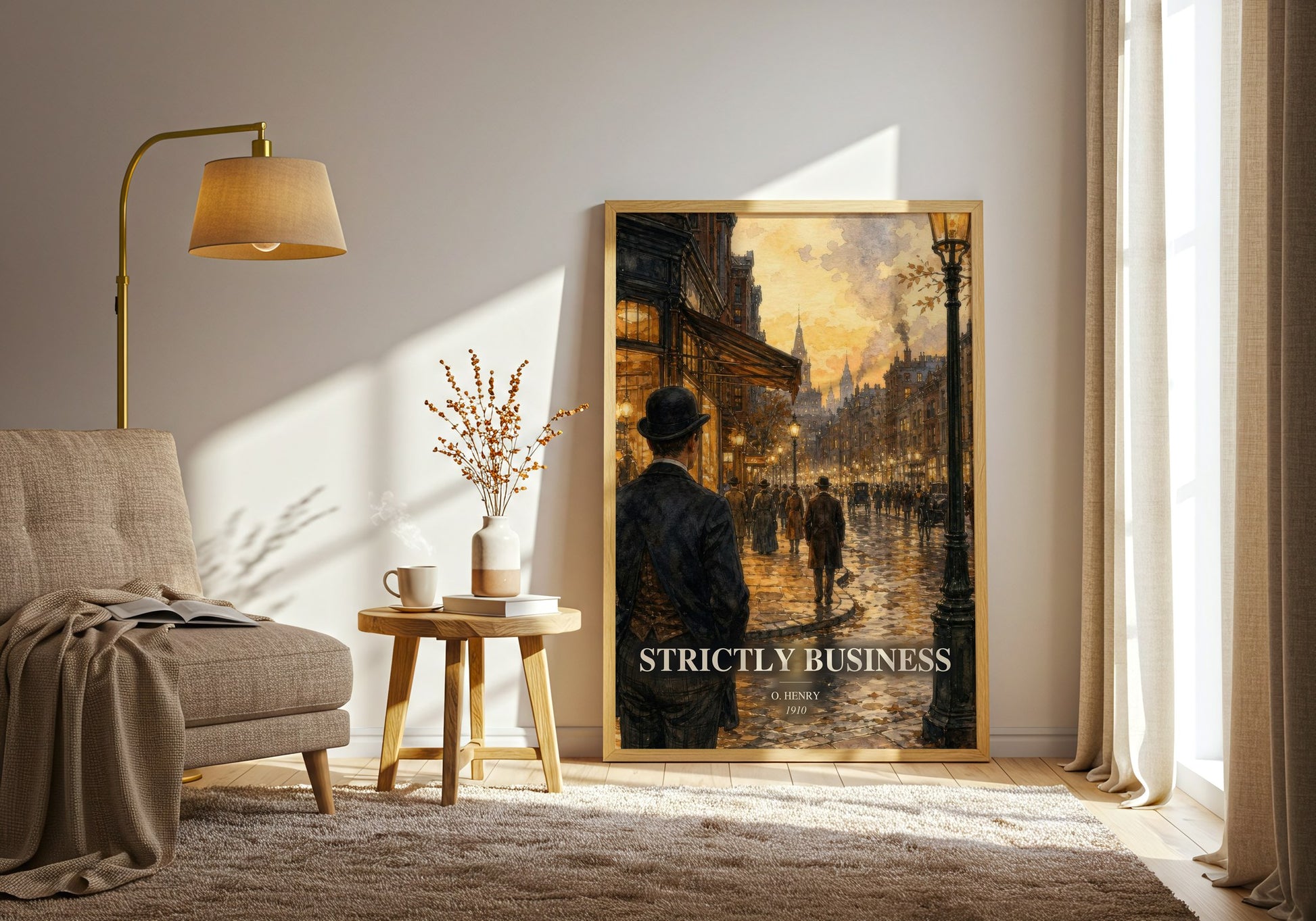 Strictly Business watercolour print in frame leaning in hallway – classic literature wall art