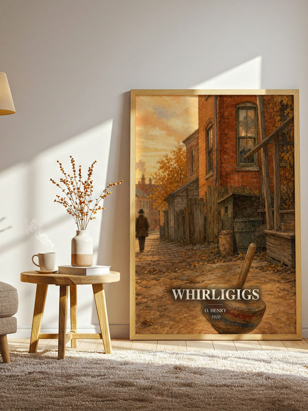 Whirligigs watercolour print in frame leaning in hallway – classic literature wall art