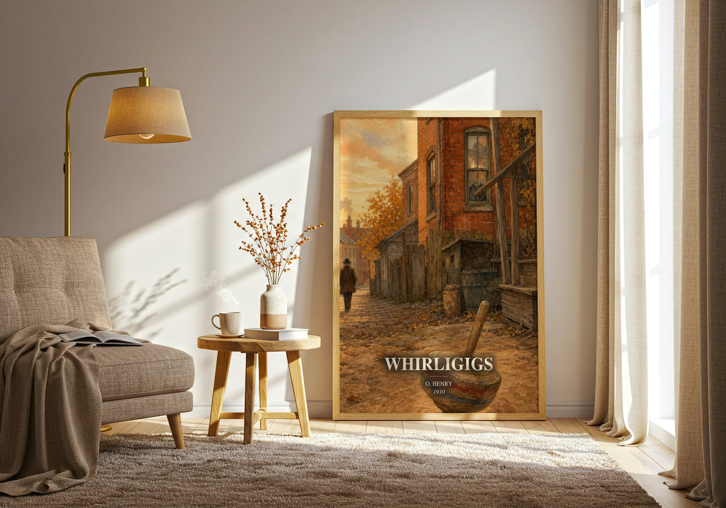 Whirligigs watercolour print in frame leaning in hallway – classic literature wall art