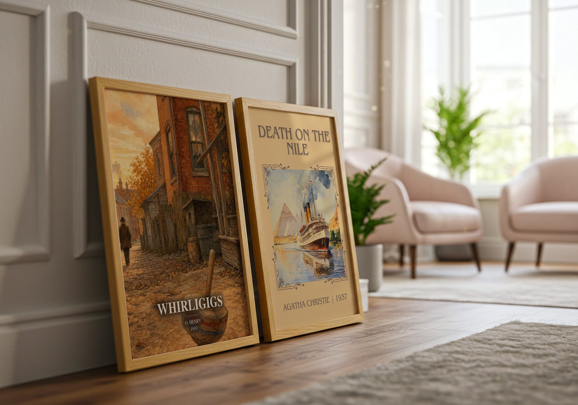 Whirligigs watercolour print framed by window – literary home decor