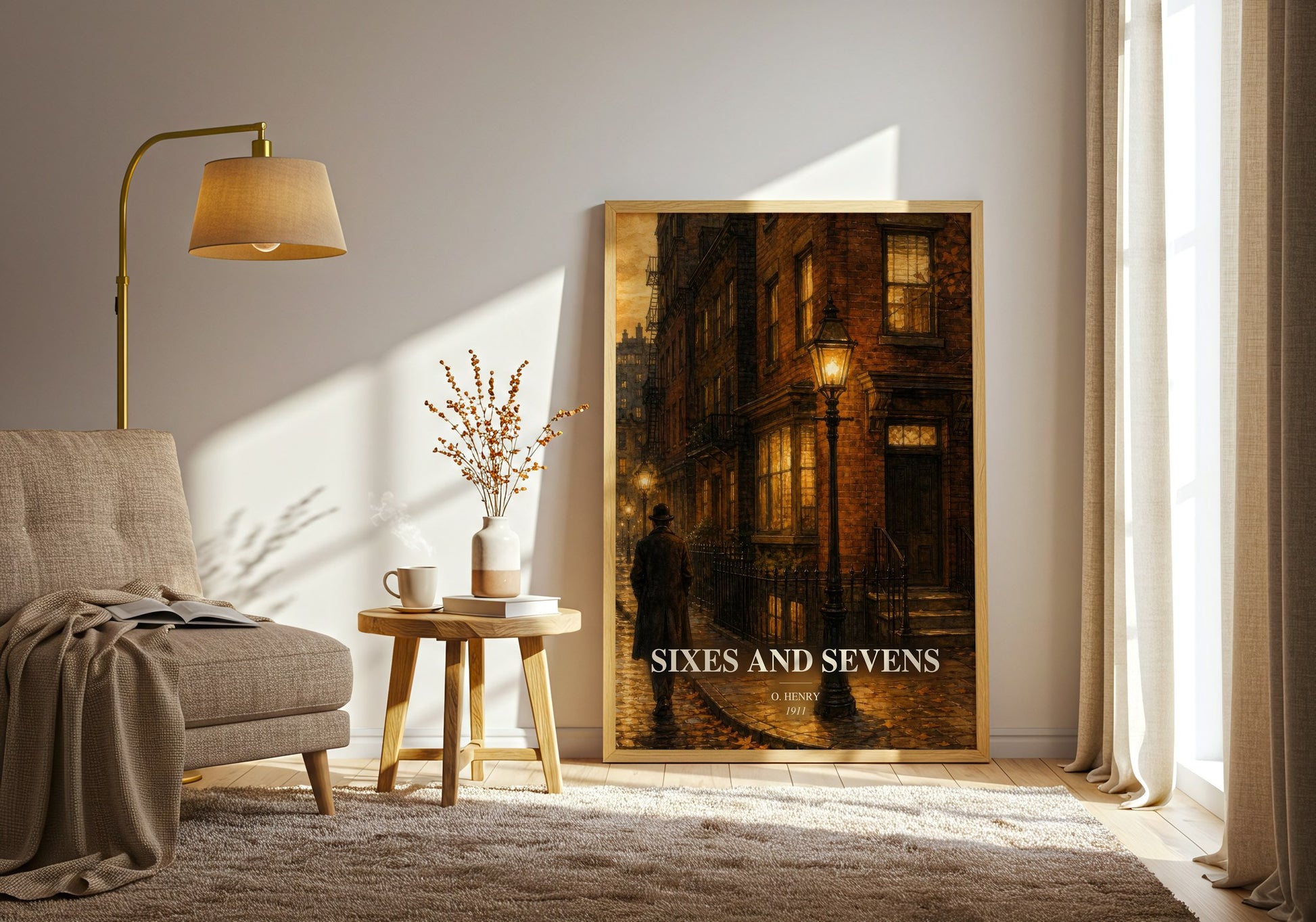 Sixes And Sevens watercolour print in frame leaning in hallway – classic literature wall art