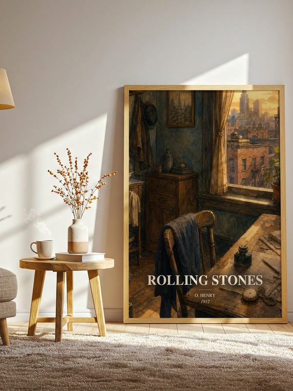 Rolling Stones watercolour print in frame leaning in hallway – classic literature wall art