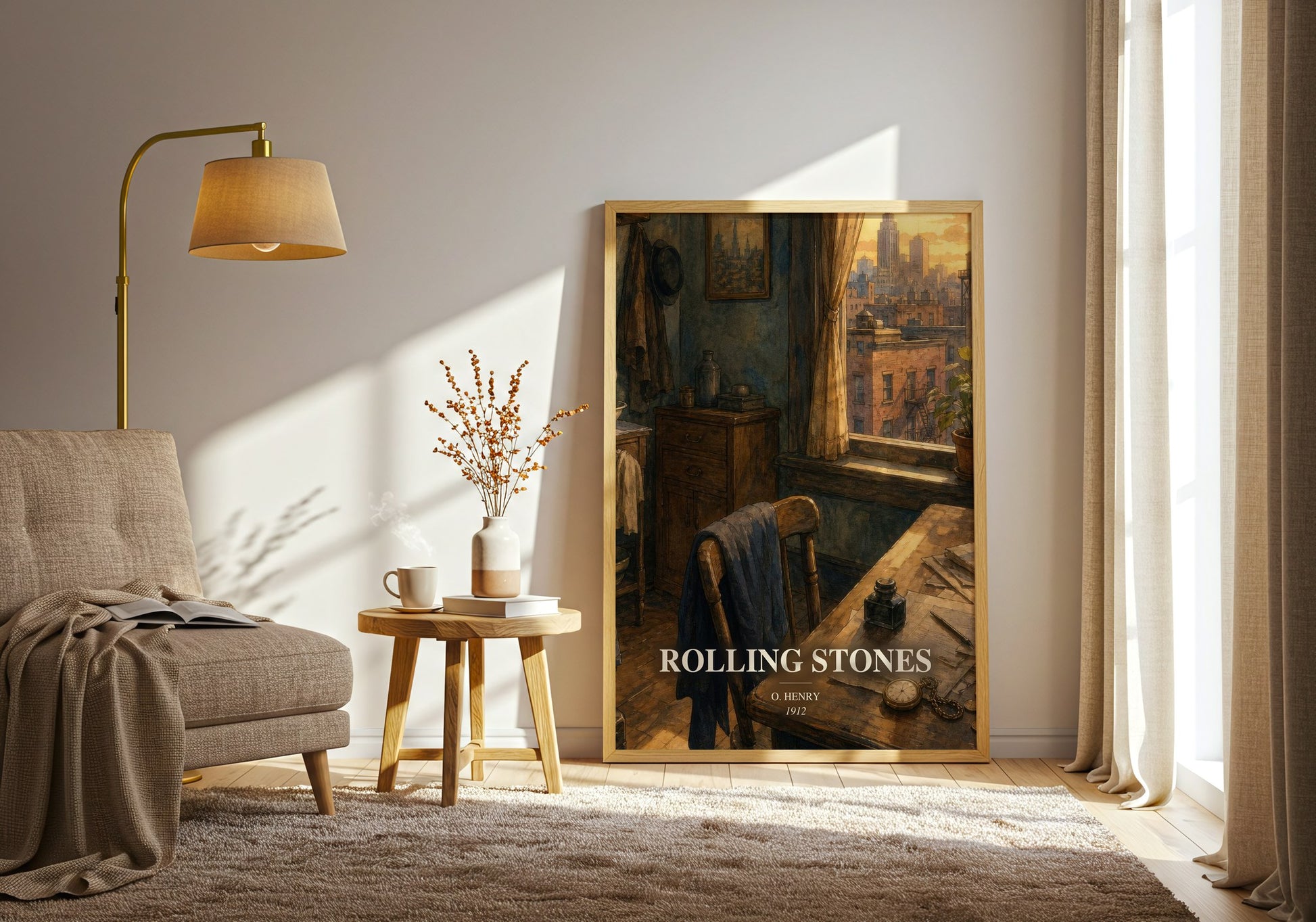 Rolling Stones watercolour print in frame leaning in hallway – classic literature wall art