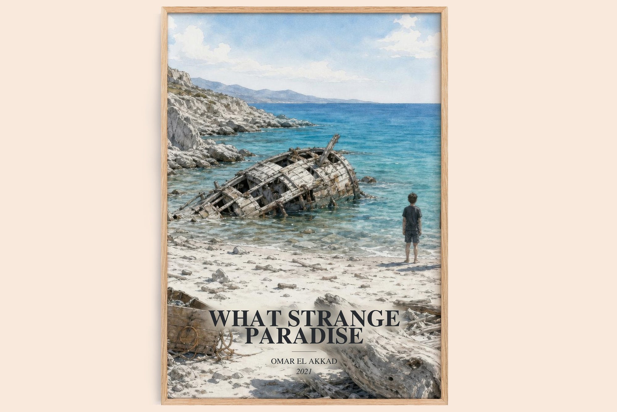 What Strange Paradise watercolour book poster by Omar El Akkad – framed literary art print