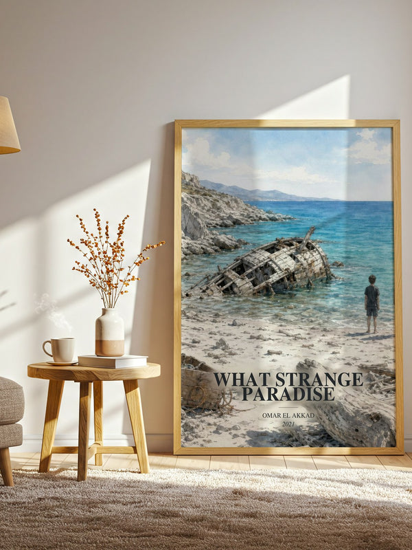 What Strange Paradise watercolour print in frame leaning in hallway – literary fiction wall art