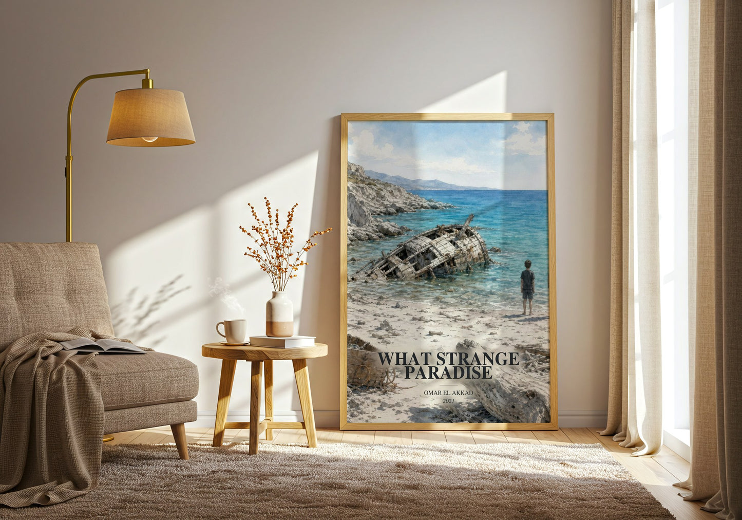 What Strange Paradise watercolour print in frame leaning in hallway – literary fiction wall art