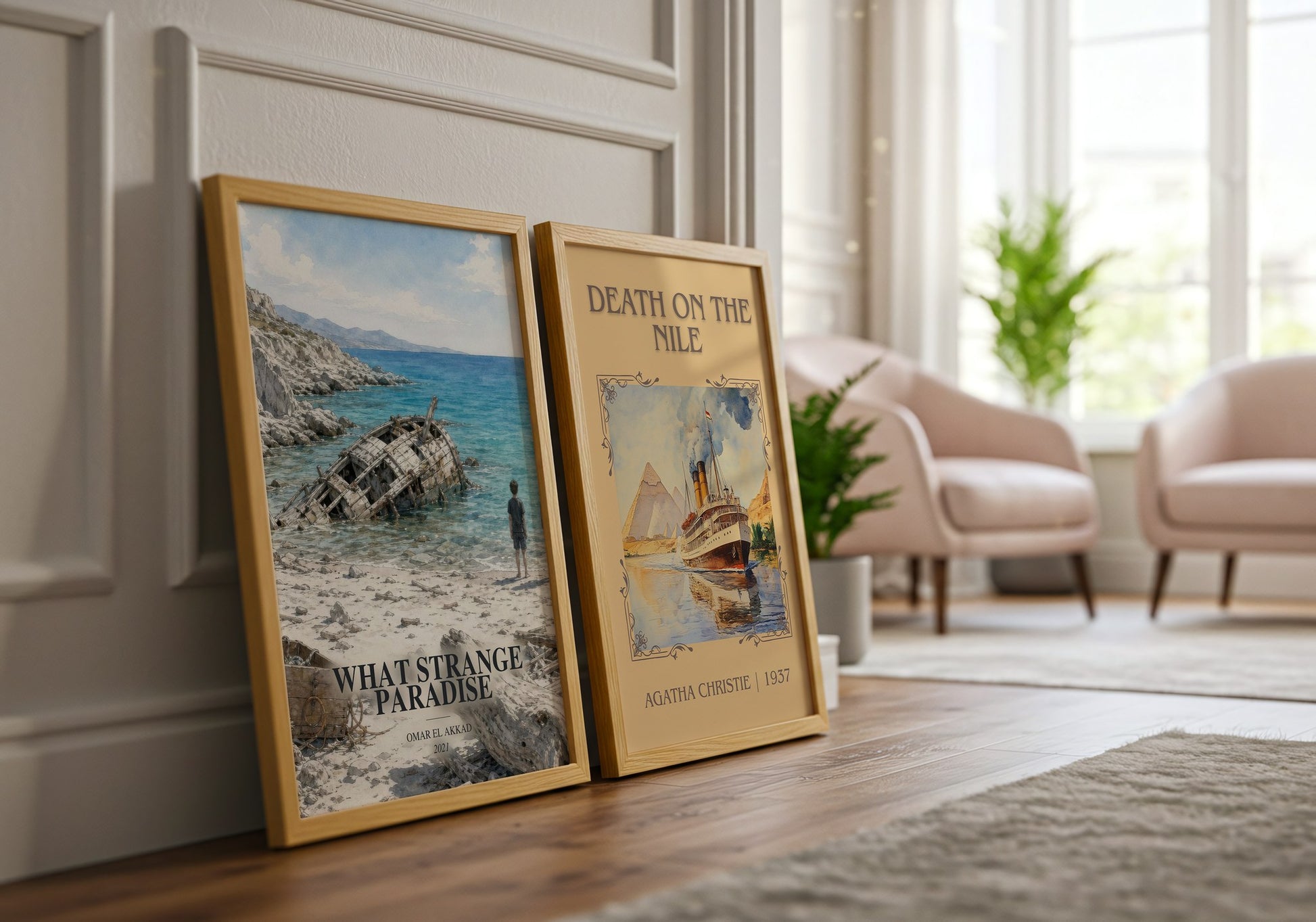 What Strange Paradise watercolour print framed by window – literary home decor