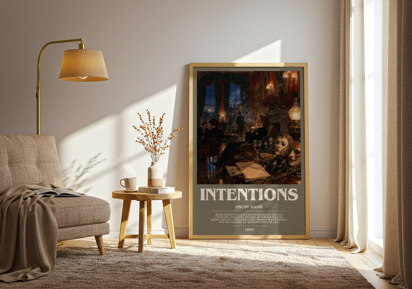 Intentions bookish print on bookshelf – Oscar Wilde fan gift