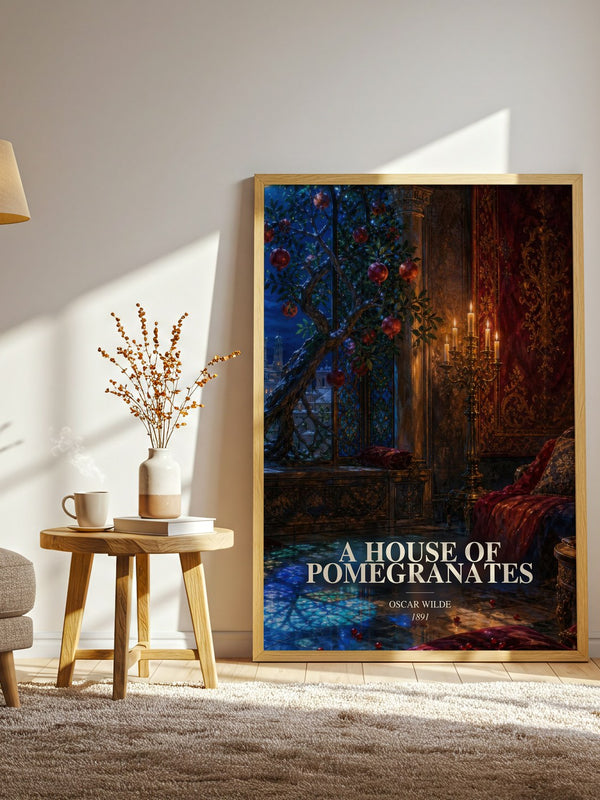 A House Of Pomegranates watercolour print in frame leaning in hallway – childrens wall art