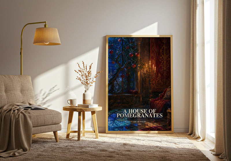 A House Of Pomegranates watercolour print in frame leaning in hallway – childrens wall art