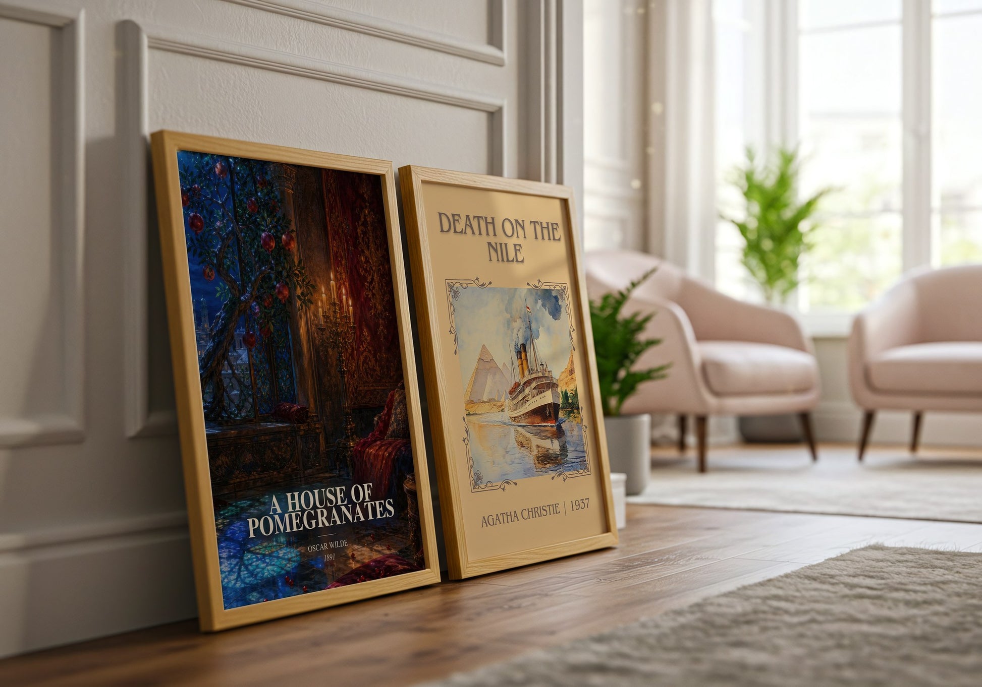 A House Of Pomegranates watercolour print framed by window – literary home decor