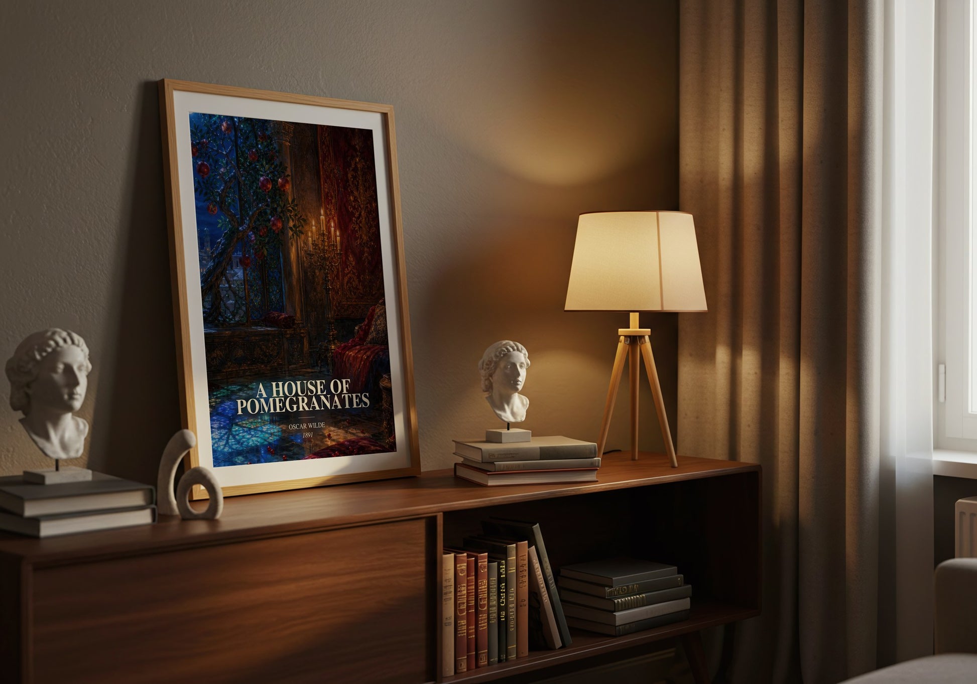 A House Of Pomegranates watercolour print on bookshelf – Oscar Wilde fan gift