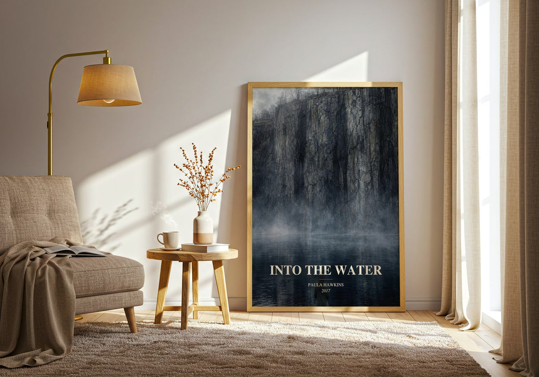 Into The Water watercolour print in frame leaning in hallway – thriller wall art (mockup)