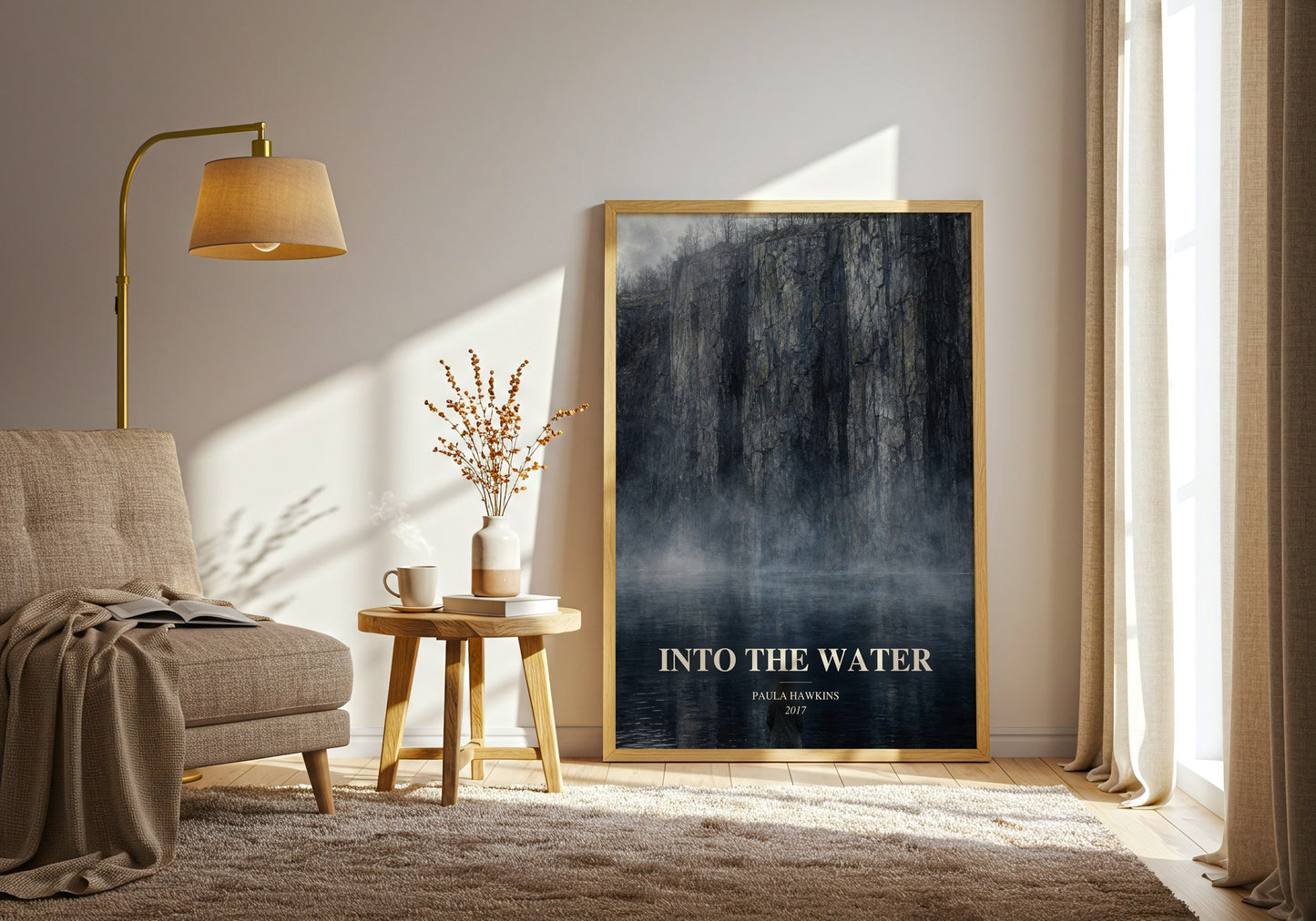 Into The Water watercolour print in frame leaning in hallway – thriller wall art