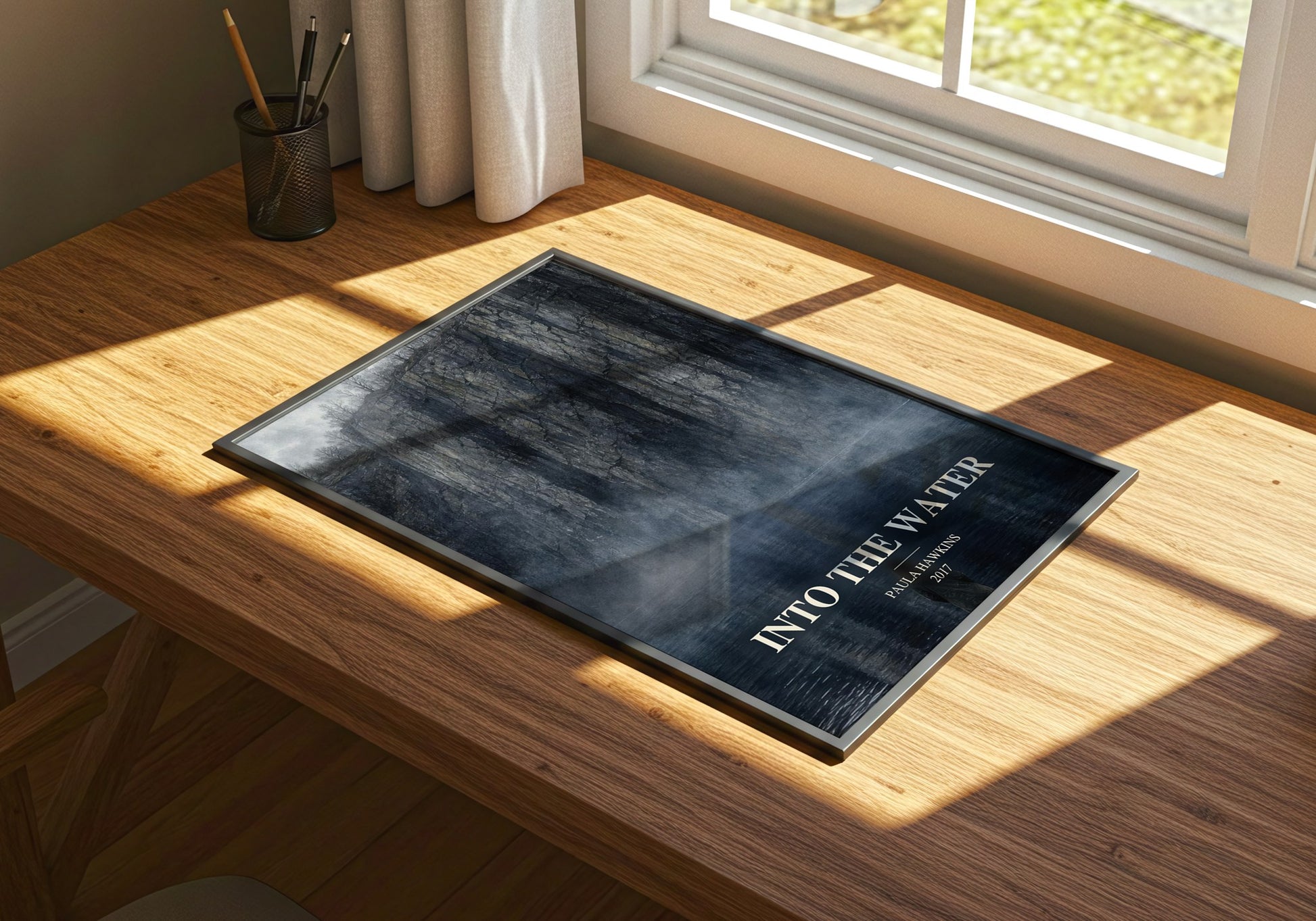 Into The Water watercolour book poster framed on wall – thriller wall art