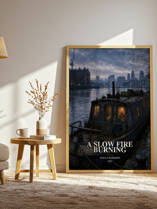 A Slow Fire Burning watercolour print in frame leaning in hallway – thriller wall art