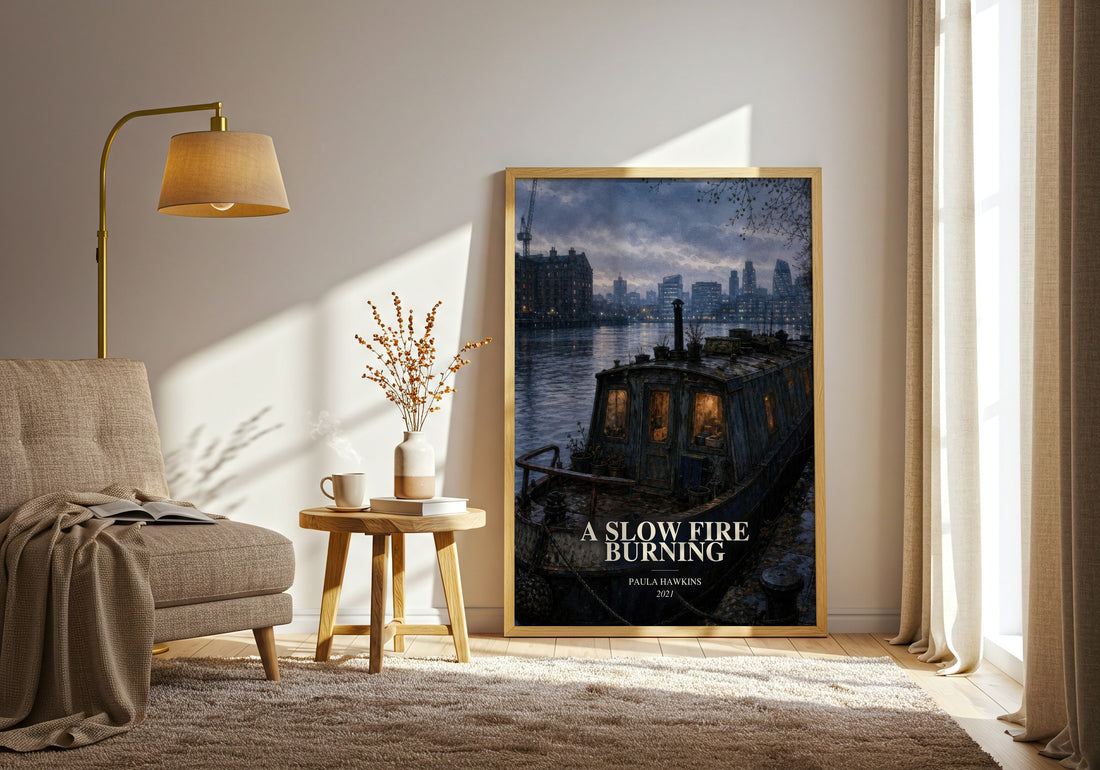 A Slow Fire Burning watercolour print in frame leaning in hallway – thriller wall art (mockup)
