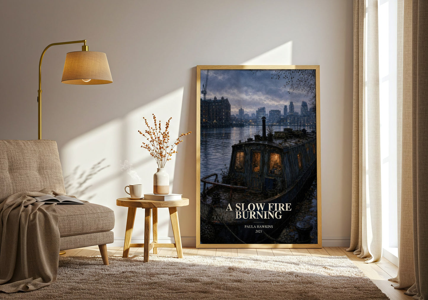 A Slow Fire Burning watercolour print in frame leaning in hallway – thriller wall art