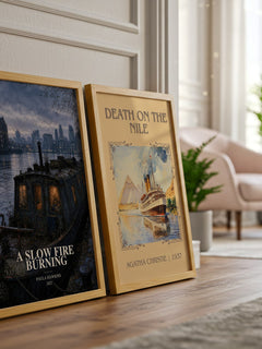 A Slow Fire Burning watercolour print framed by window – literary home decor