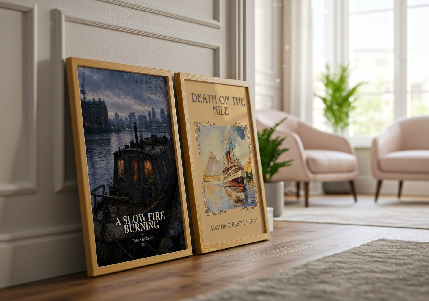 A Slow Fire Burning watercolour print framed by window – literary home decor