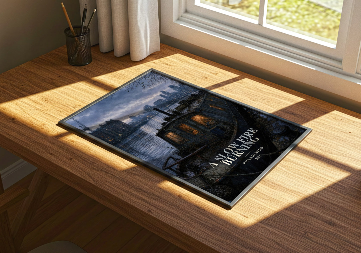 A Slow Fire Burning watercolour book poster framed on wall – thriller wall art