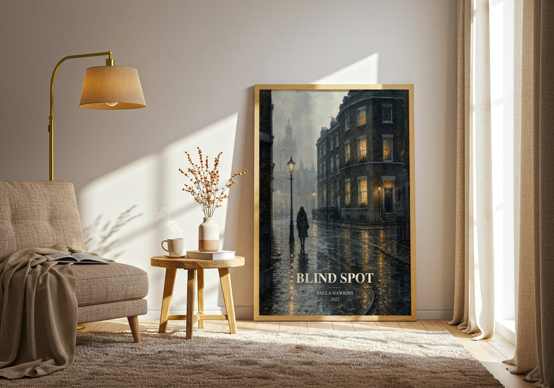 Blind Spot watercolour print in frame leaning in hallway – thriller wall art (mockup)