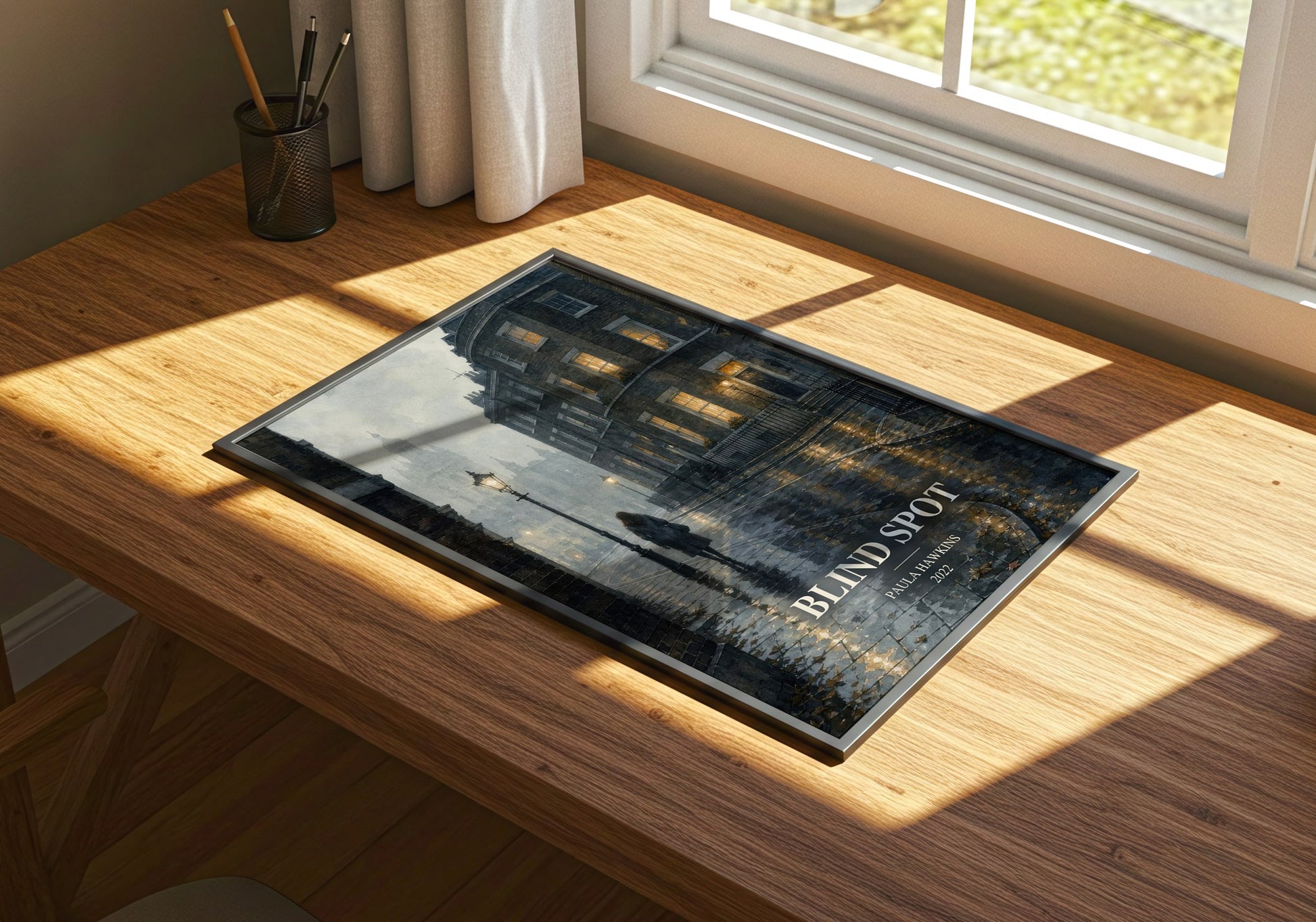 Blind Spot watercolour book poster framed on wall – thriller wall art