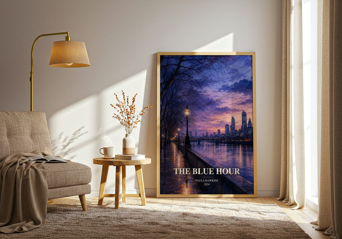 The Blue Hour watercolour print in frame leaning in hallway – thriller wall art (mockup)