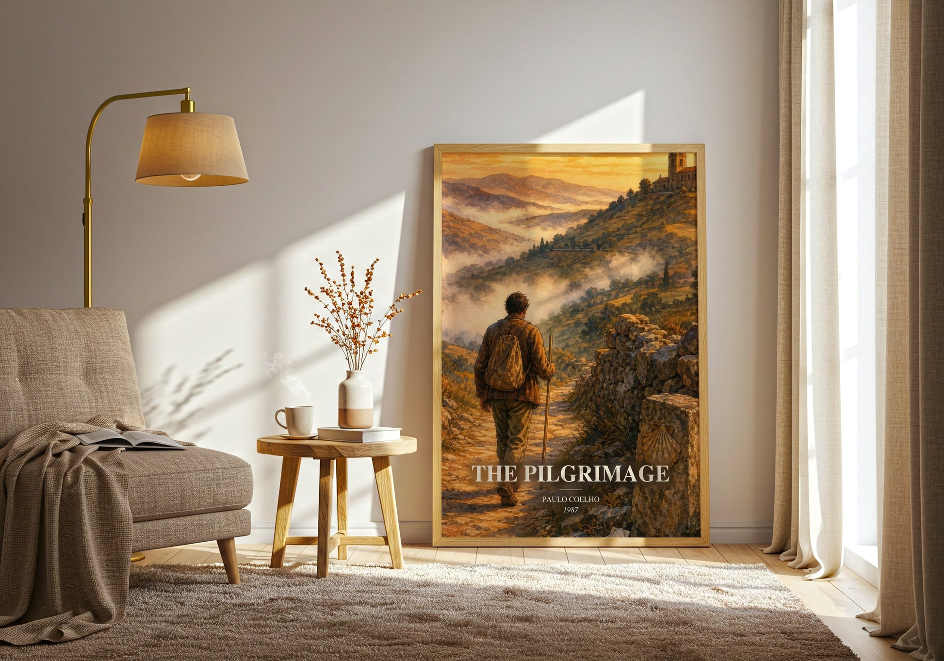 The Pilgrimage watercolour print in frame leaning in hallway – memoir wall art